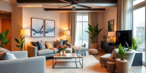 Camera amenajată cu mobilă modernă și plante decorative.