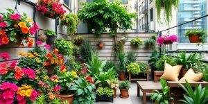 Grădină urbană colorată cu flori și plante verzi.