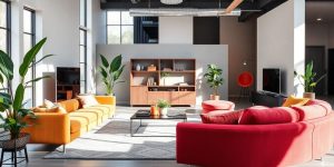 Interioara modernă cu mobilă contemporană și culori vibrante.