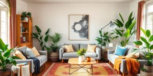 Living room elegant cu mobilier si plante verzi.