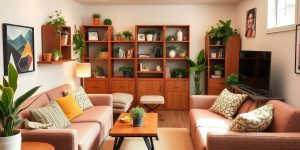 Spațiu mic, organizat, mobilă multifuncțională, plante decorative.