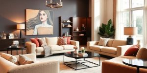 Cameră de zi modernă cu mobilă elegantă și decor rafinat.