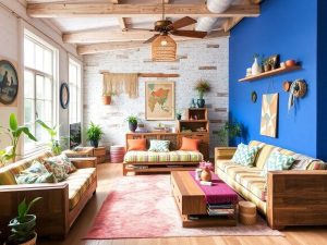 Interior cu mobilier din materiale reciclate.