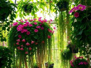 Gradini suspendate pline de flori si plante verzi.