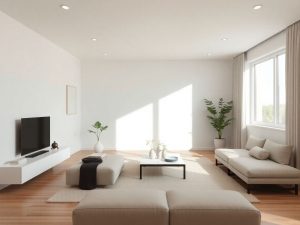 Interior minimalist cu mobilier simplu și luminos.