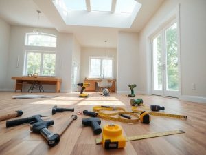 Casă renovată, cu scule de construcție în prim plan.