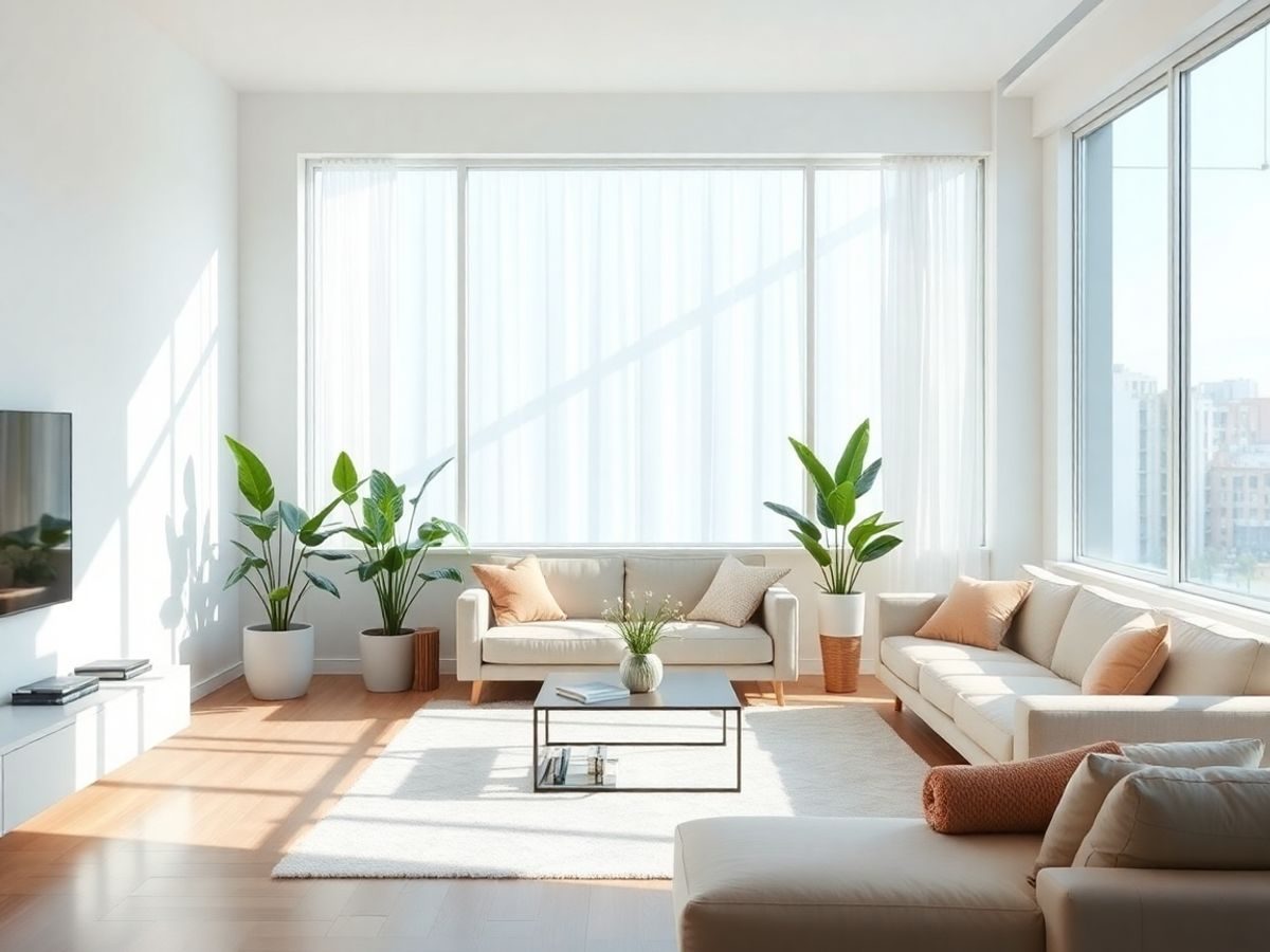 Apartament modern cu lumină naturală și plante verzi.