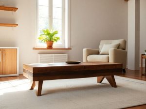 Mobilier elegant din lemn reciclat într-o cameră luminoasă.