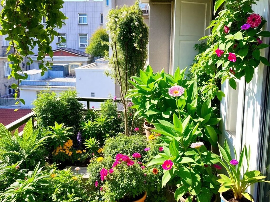 Grădină urbană vibrantă pe un balcon plin de plante verzi.