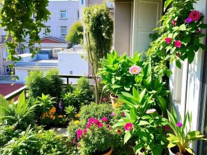 Grădină urbană vibrantă pe un balcon plin de plante verzi.