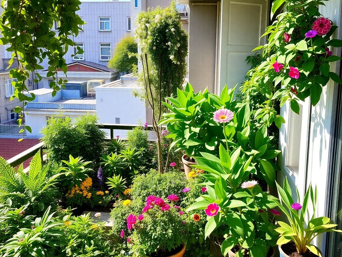 Grădină urbană vibrantă pe un balcon plin de plante verzi.