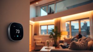 Casă inteligentă modernă cu dispozitive integrate și atmosferă confortabilă.