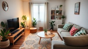 Living modern, decor cochet, buget redus, plante, lumina calda